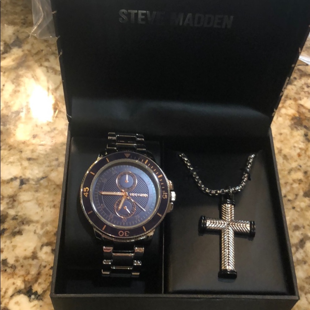 Steven Madden watch and cross necklace